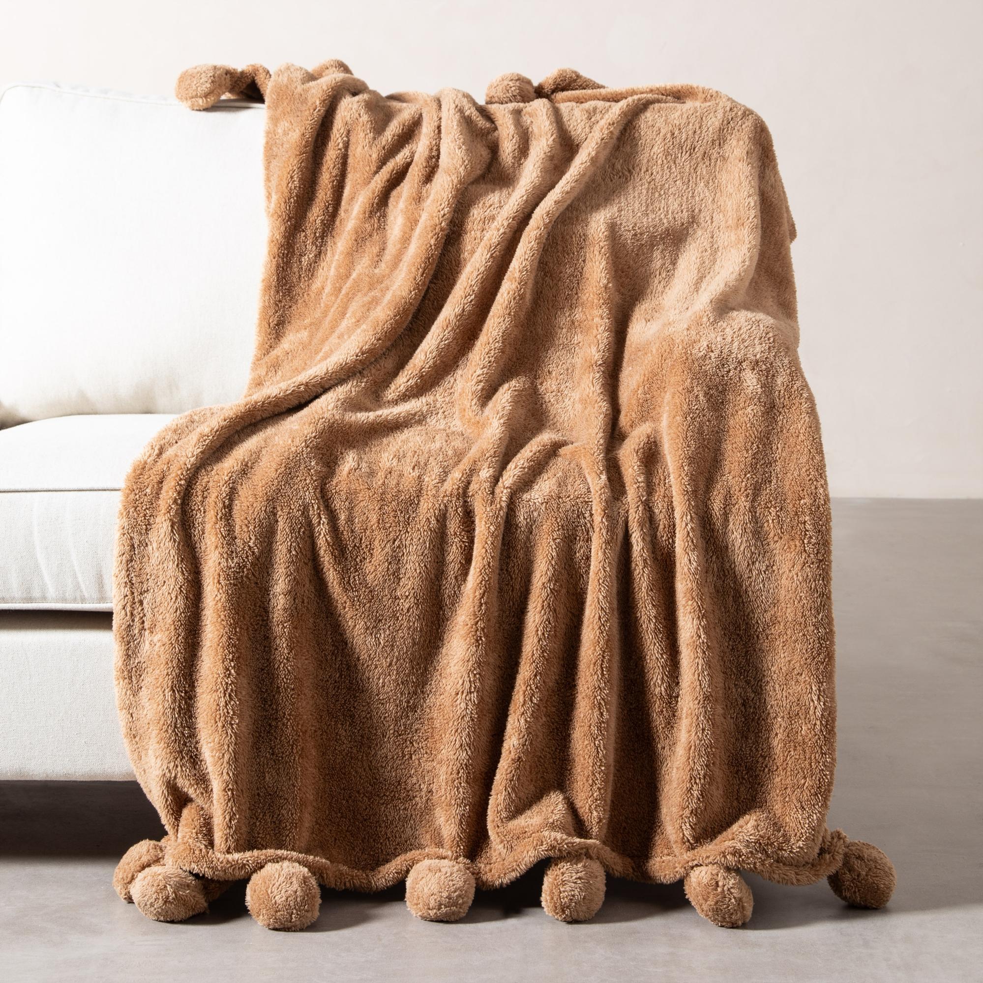  PONPONLU DİZ ÜSTÜ BATTANİYE BEJ 130X160