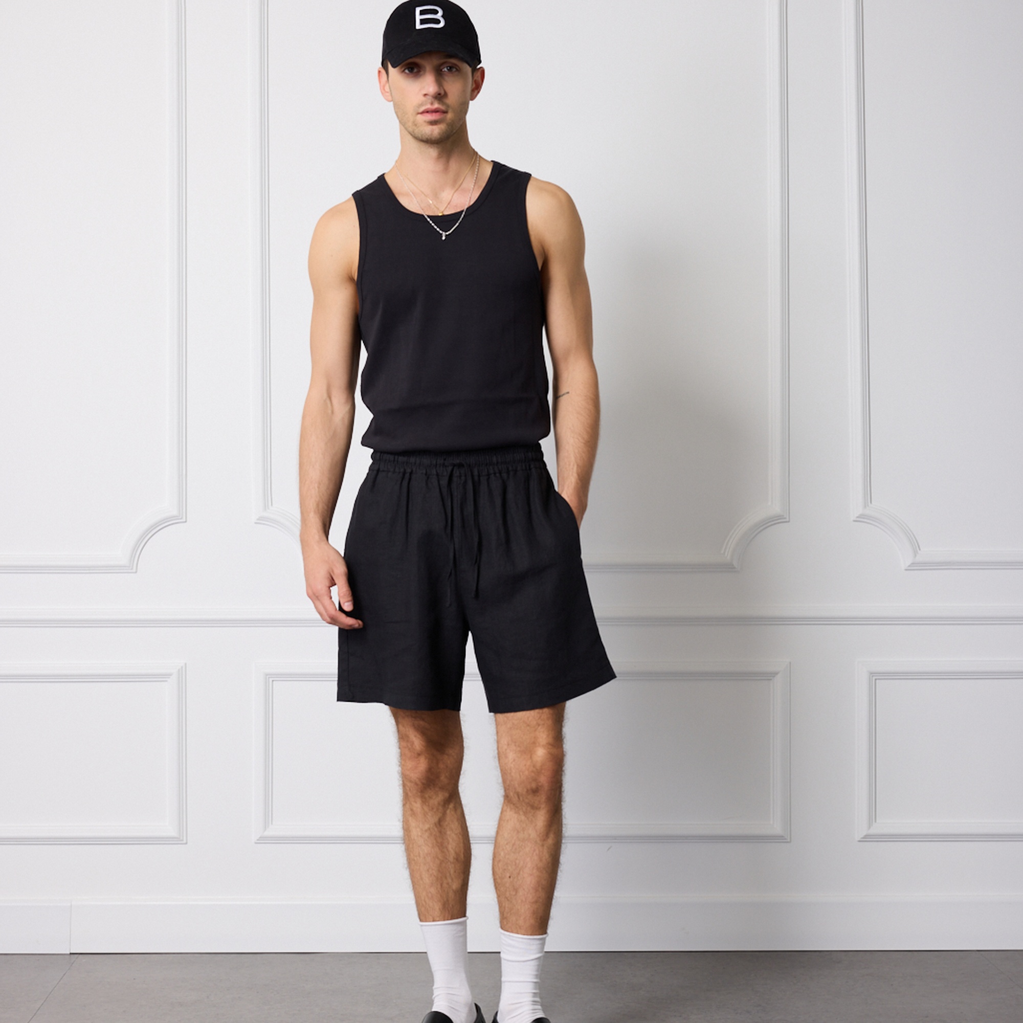 %100 Keten Beli Lastikli Şort