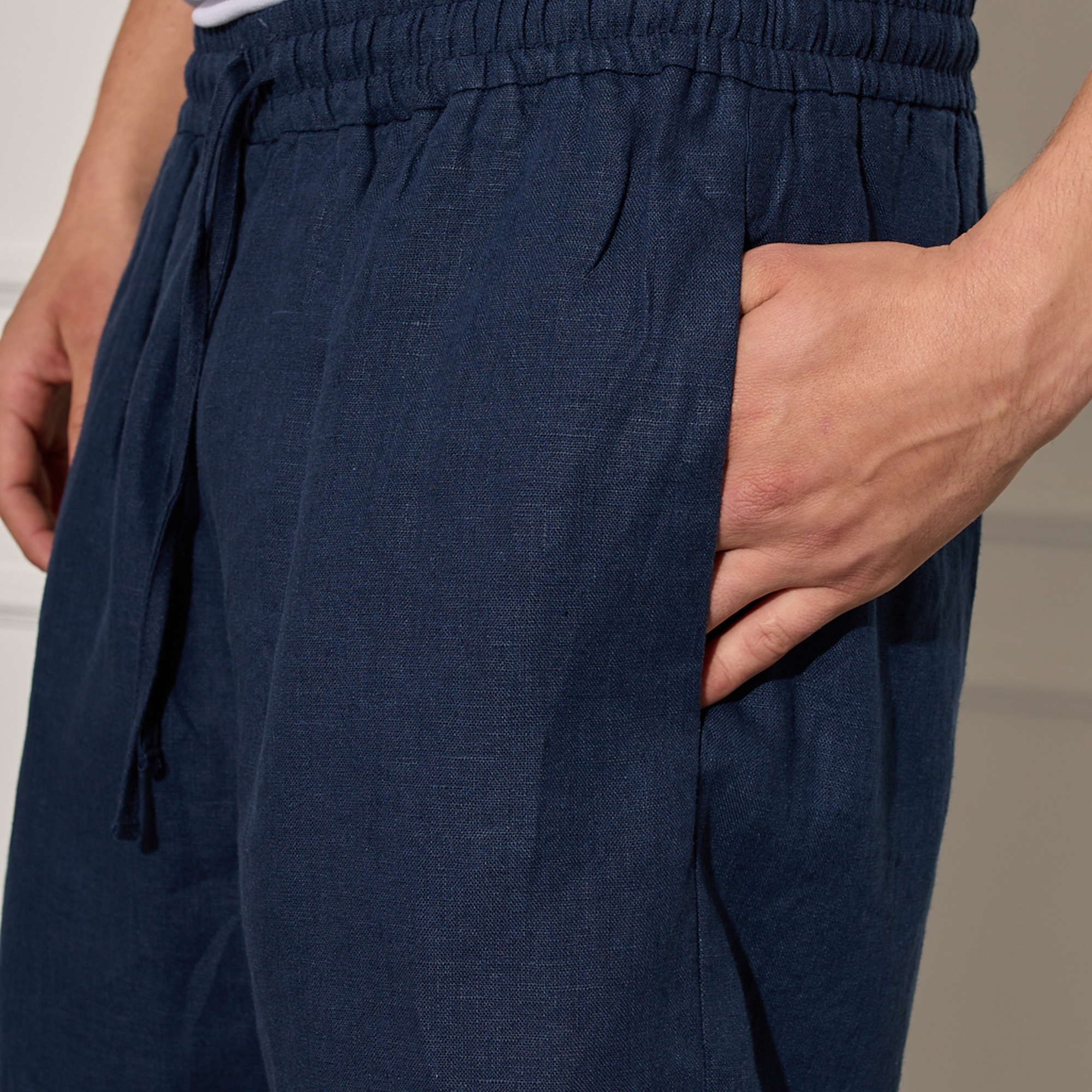 %100 Keten Beli Lastikli Şort