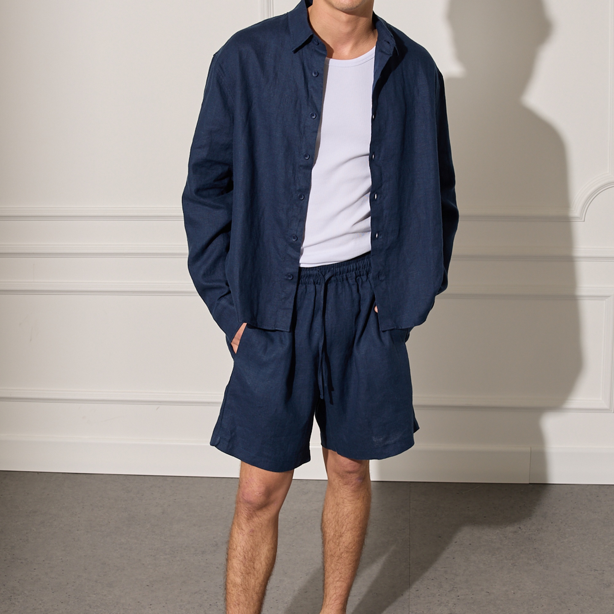 %100 Keten Beli Lastikli Şort