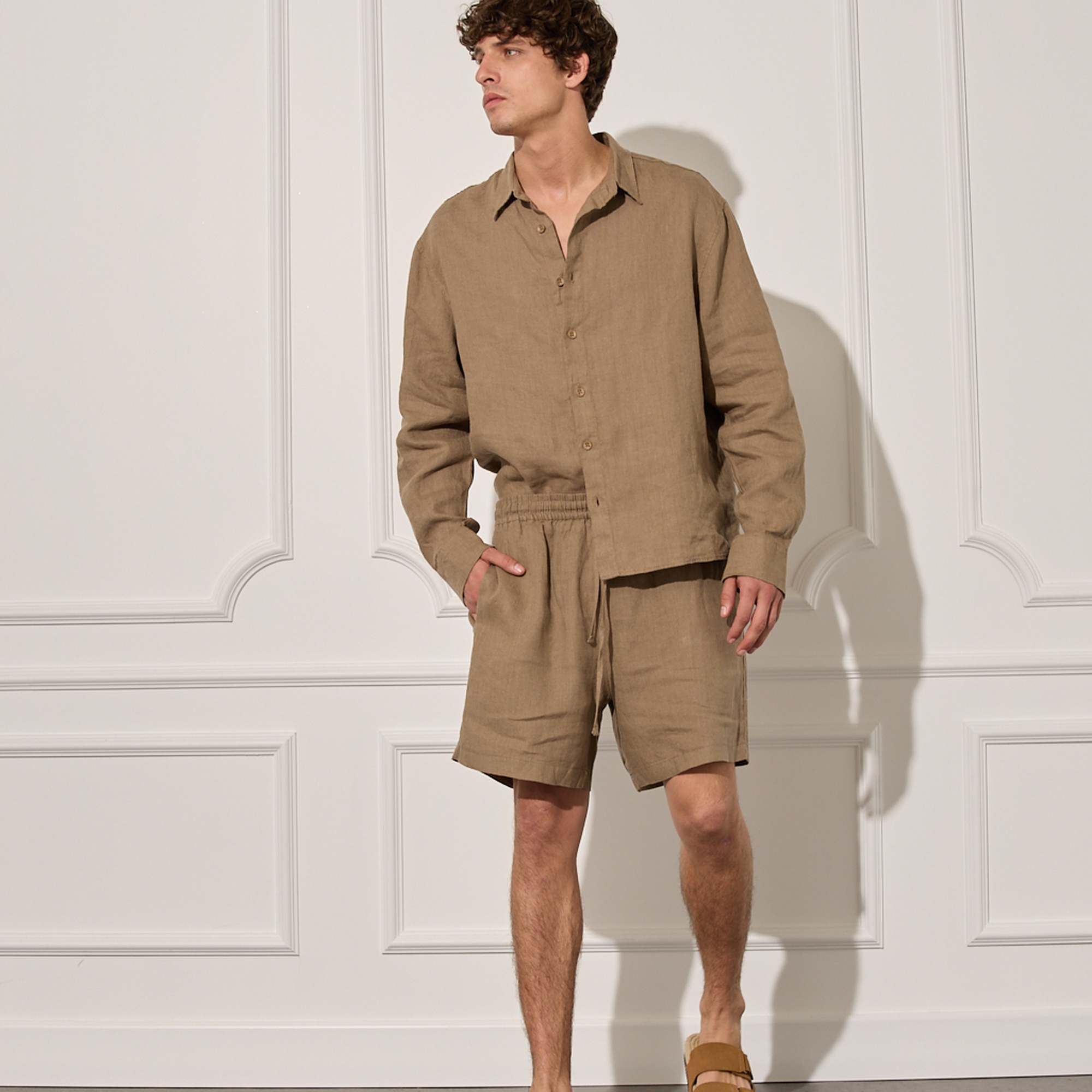 %100 Keten Beli Lastikli Şort