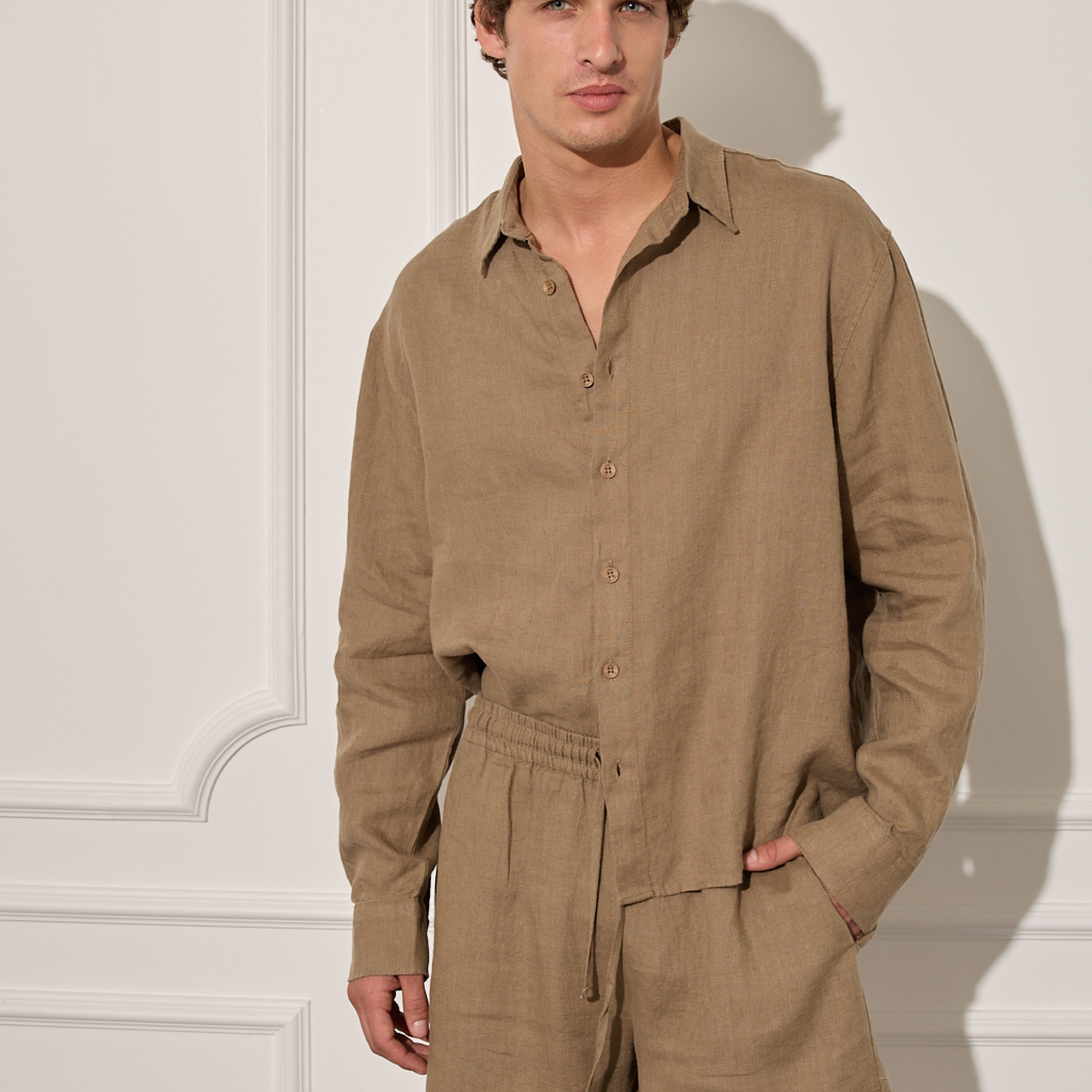 %100 Keten Beli Lastikli Şort