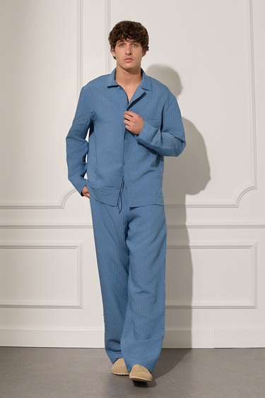  Beli Lastikli Çizgili Pantolon