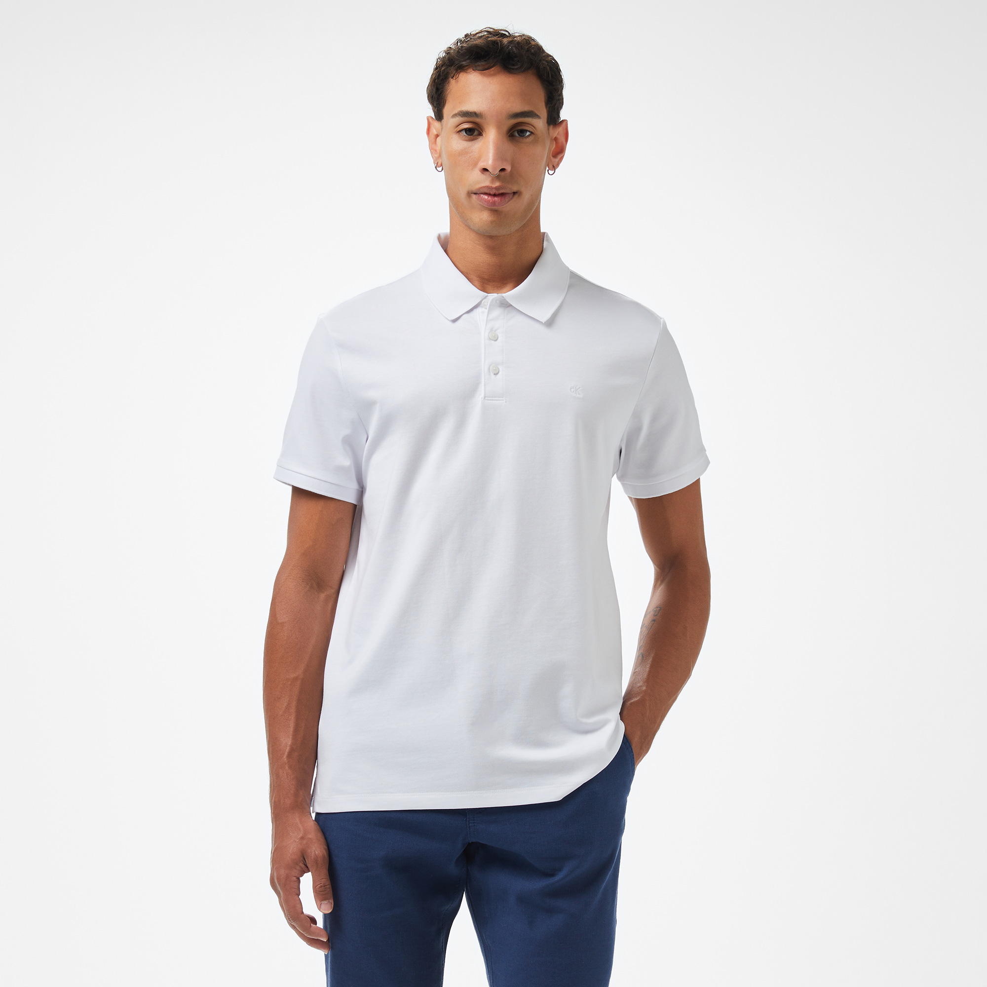  Calvin Klein Smooth Cotton Solid Erkek Beyaz Polo