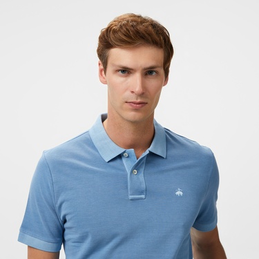  Brooks Brothers Polo Yaka Parça Boya 2 Düğmeli Erkek Mavi T-Shirt