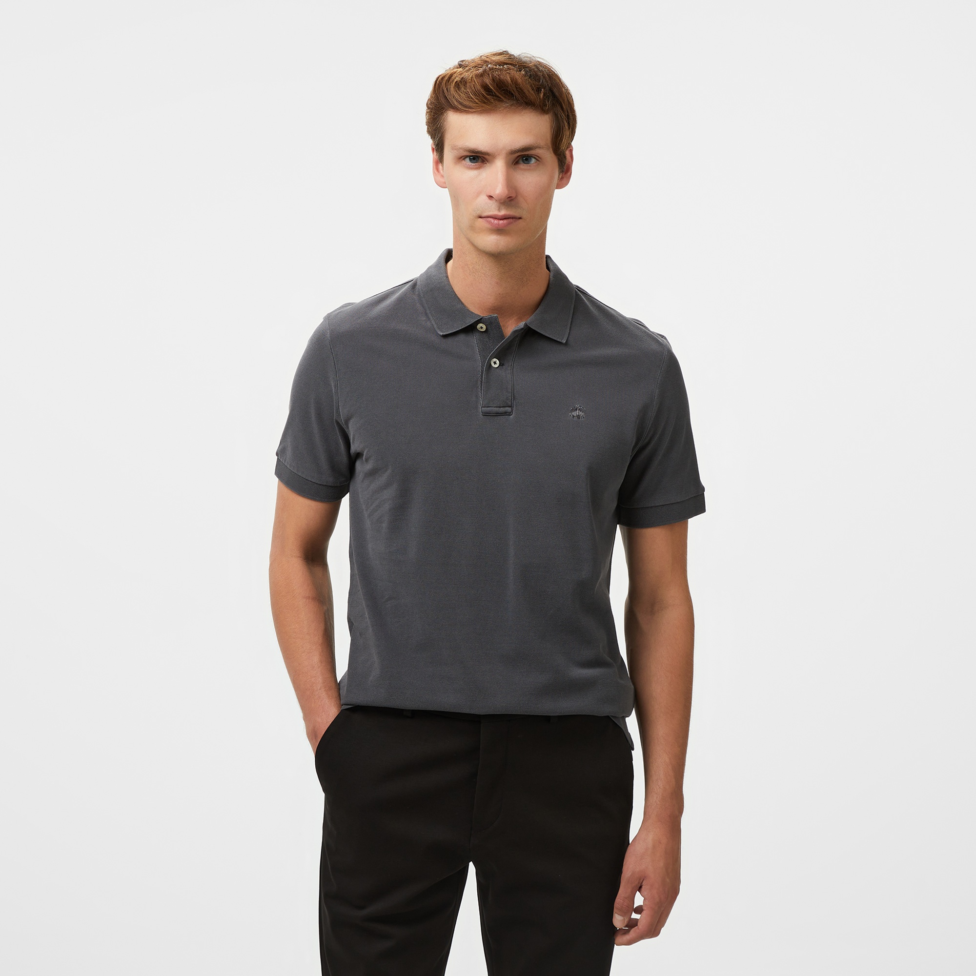 Brooks Brothers Polo Yaka Parça Boya 2 Düğmeli Erkek Gri T-Shirt