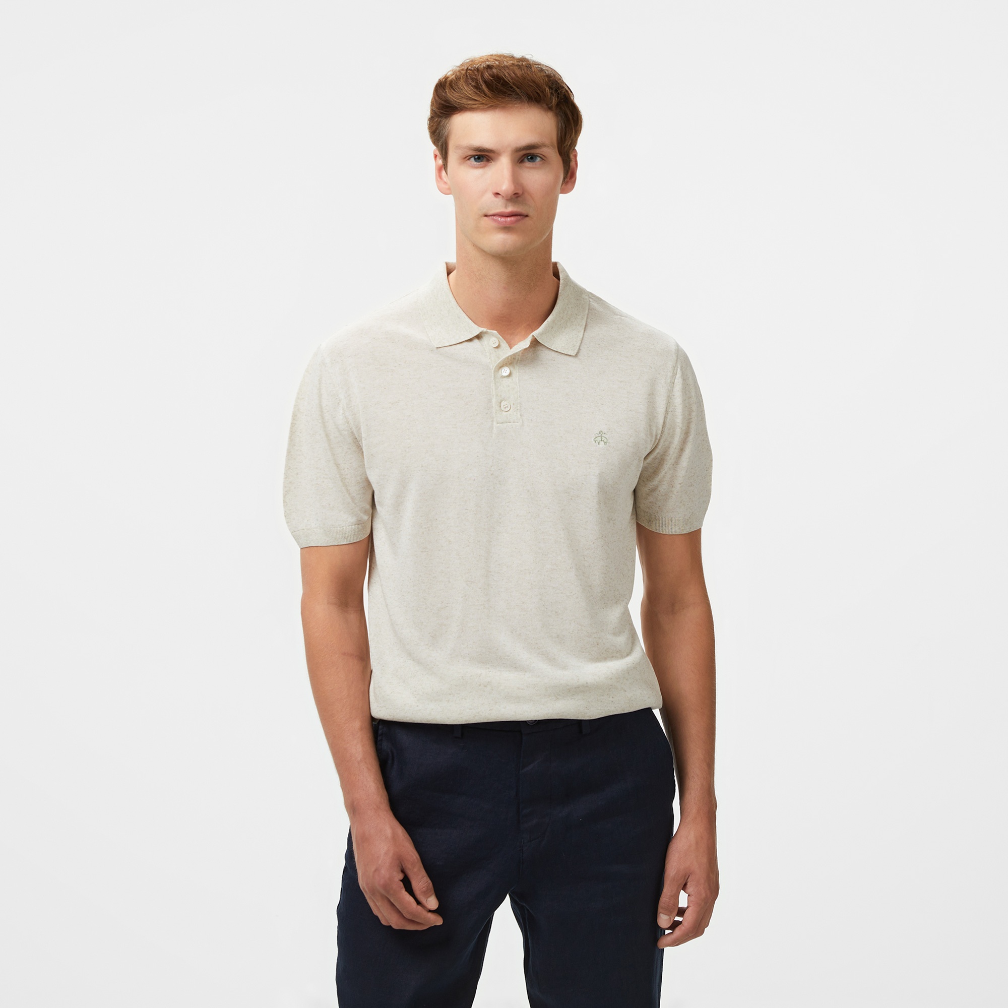 Brooks Brothers Polo Yaka Kısa Kol Keten Karışımlı Erkek Bej Kazak