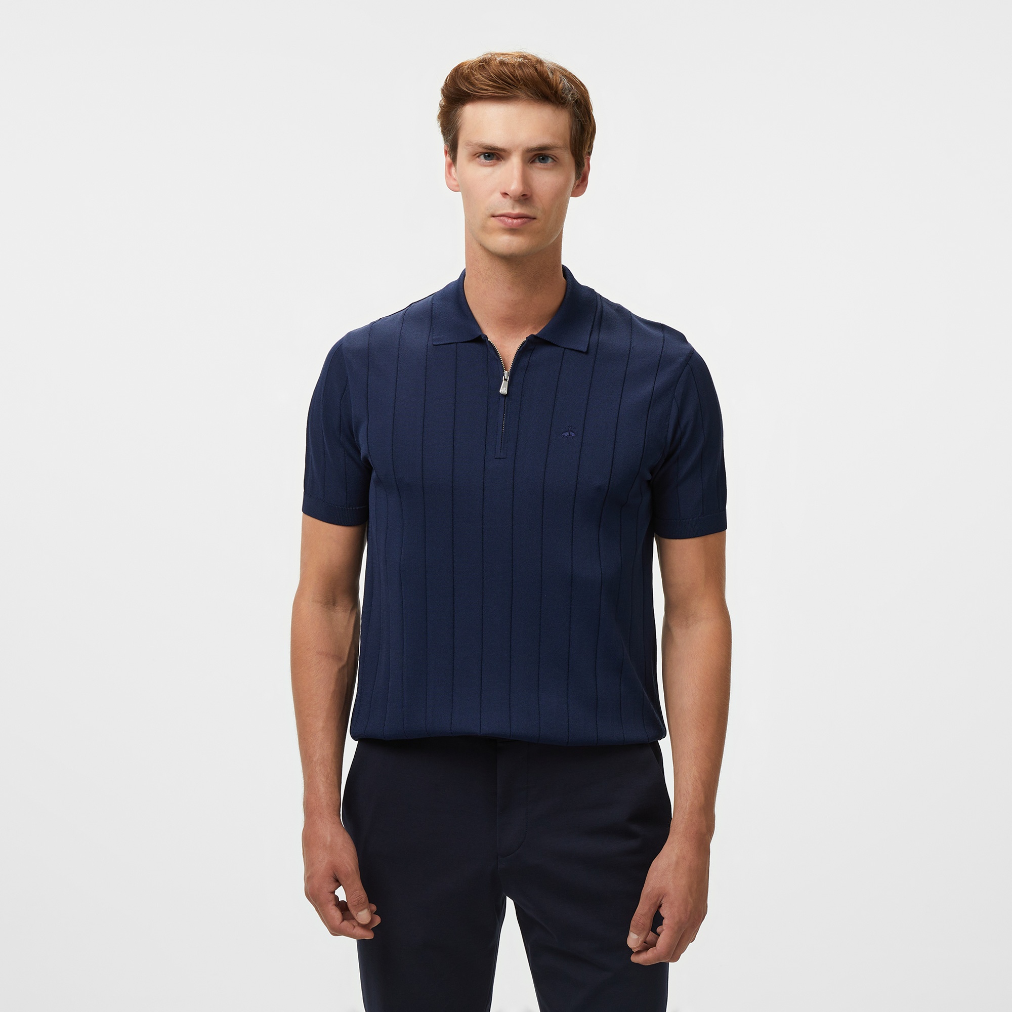 Brooks Brothers Polo Yaka Nervürlü Rayon Kısa Kol Erkek Lacivert Kazak