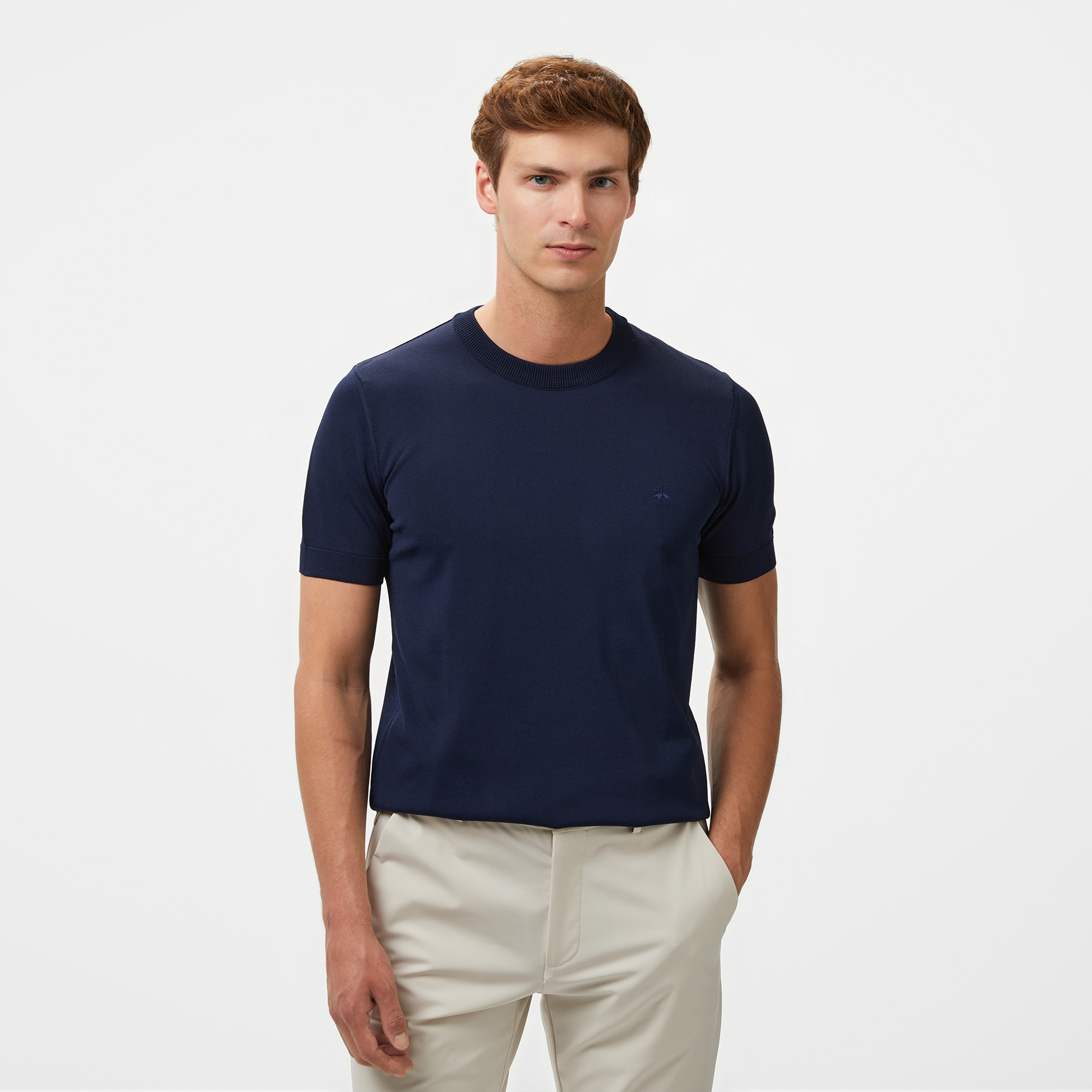 Brooks Brothers Bisiklet Yaka Basic Rayon Kısa Kol Erkek Lacivert Kazak