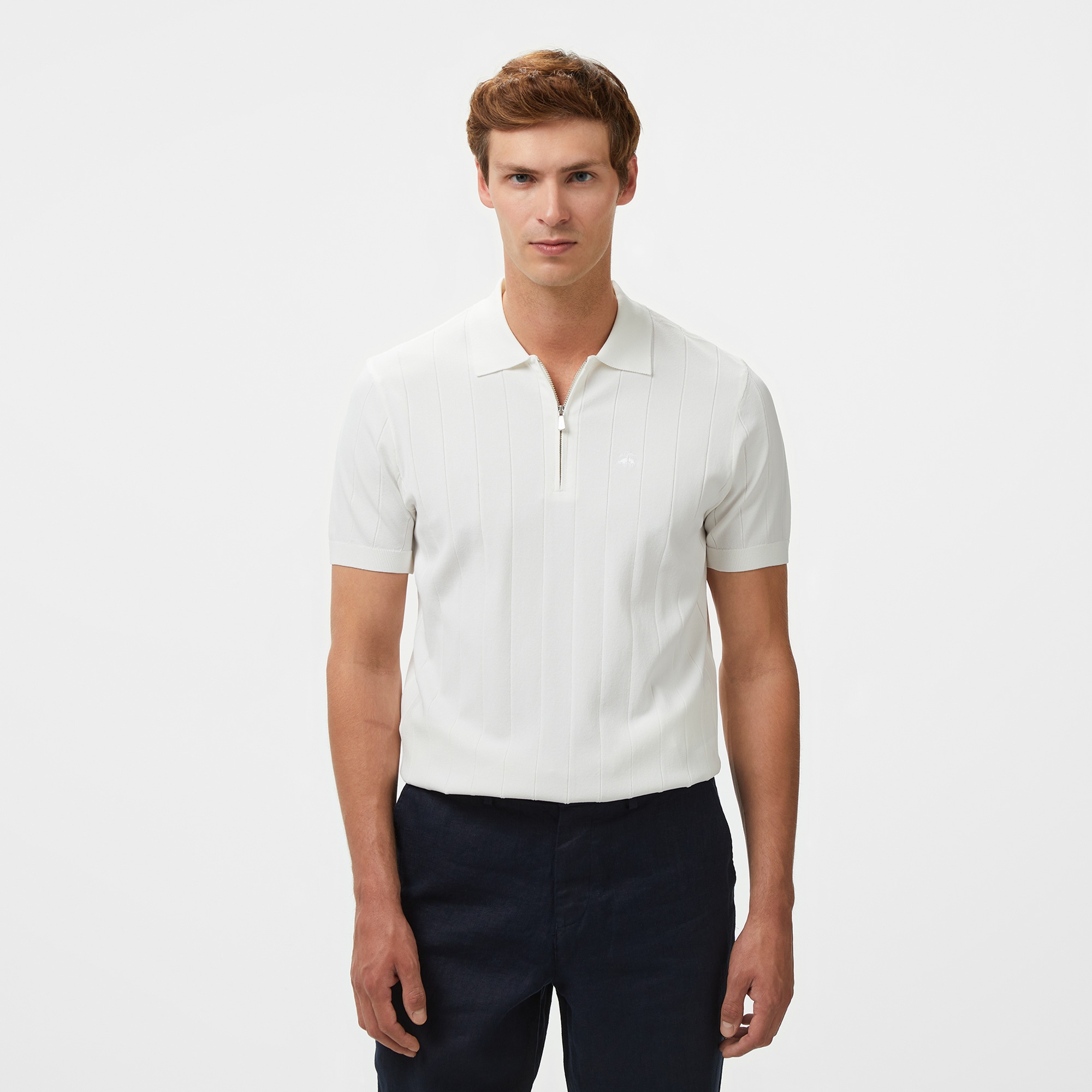 Brooks Brothers Polo Yaka Nervürlü Rayon Kısa Kol Erkek Beyaz Kazak