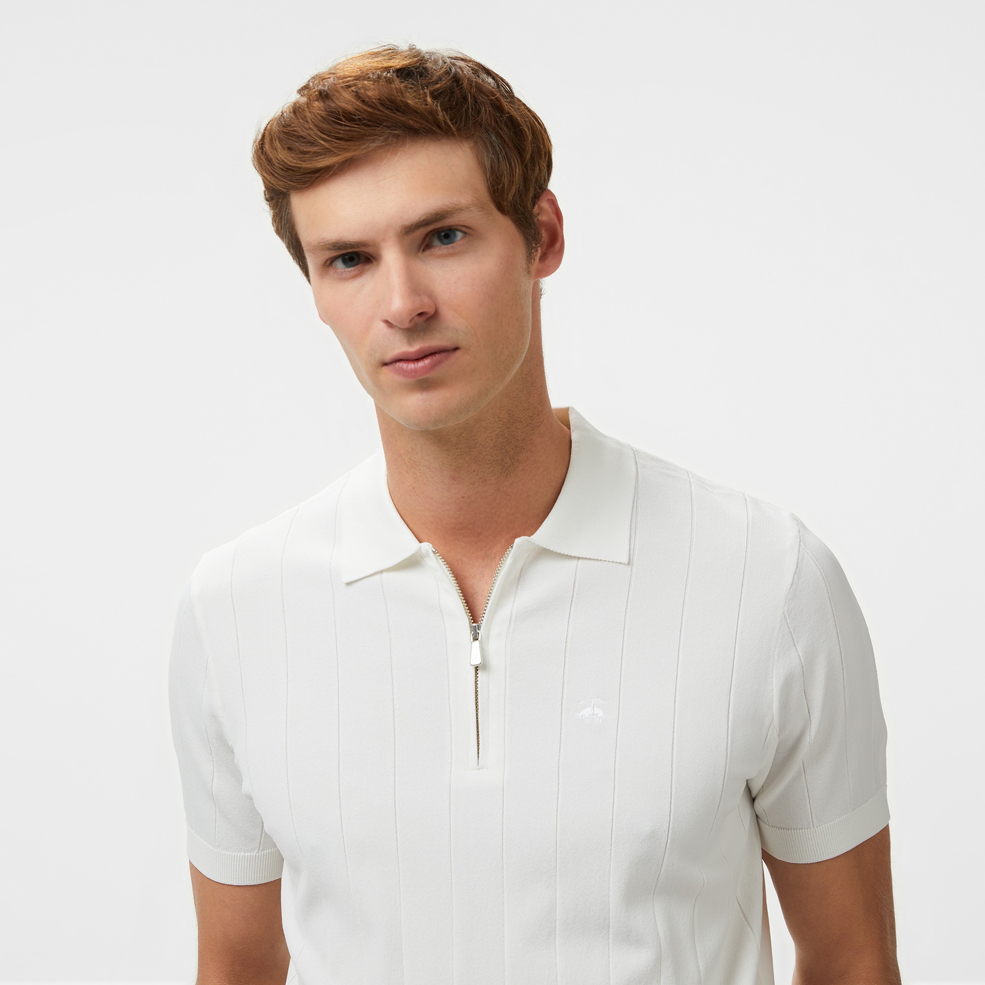 Brooks Brothers Polo Yaka Nervürlü Rayon Kısa Kol Erkek Beyaz Kazak