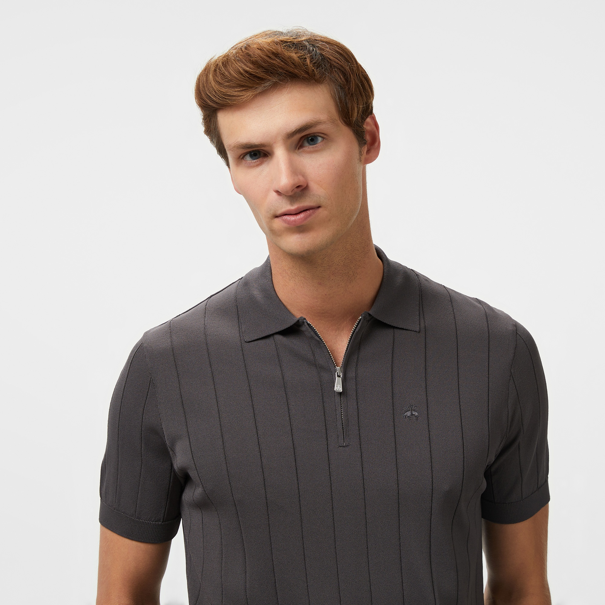 Brooks Brothers Polo Yaka Nervürlü Rayon Kısa Kol Erkek Gri Kazak