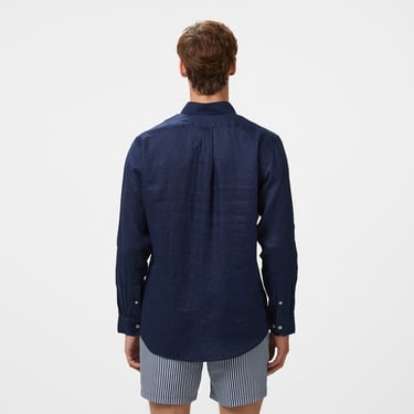  Brooks Brothers Düğmeli Yaka Regular Fit %100 Keten Uzun Kollu Erkek Lacivert Gömlek