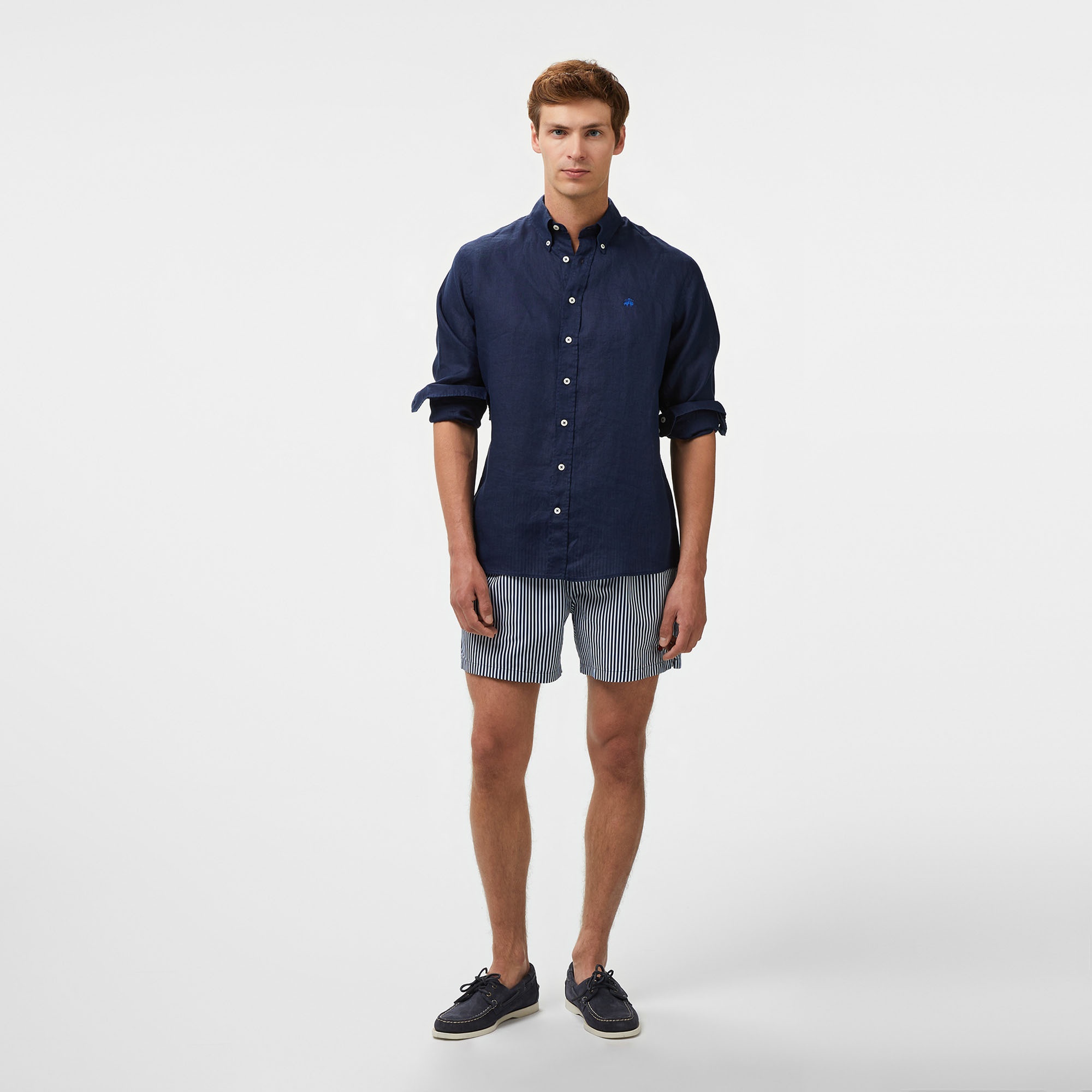 Brooks Brothers Düğmeli Yaka Regular Fit %100 Keten Uzun Kollu Erkek Lacivert Gömlek