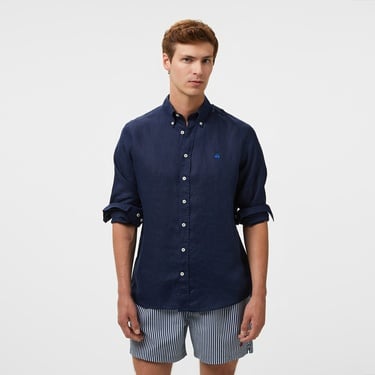  Brooks Brothers Düğmeli Yaka Regular Fit %100 Keten Uzun Kollu Erkek Lacivert Gömlek
