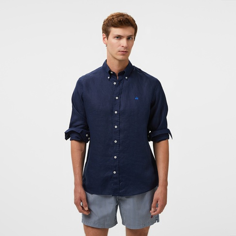  Brooks Brothers Düğmeli Yaka Regular Fit %100 Keten Uzun Kollu Erkek Lacivert Gömlek