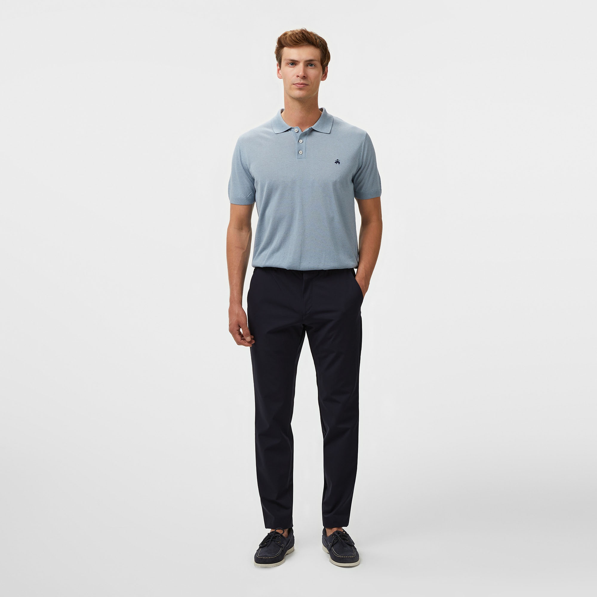 Brooks Brothers Polo Yaka Kısa Kol Keten Karışımlı Erkek Mavi Kazak