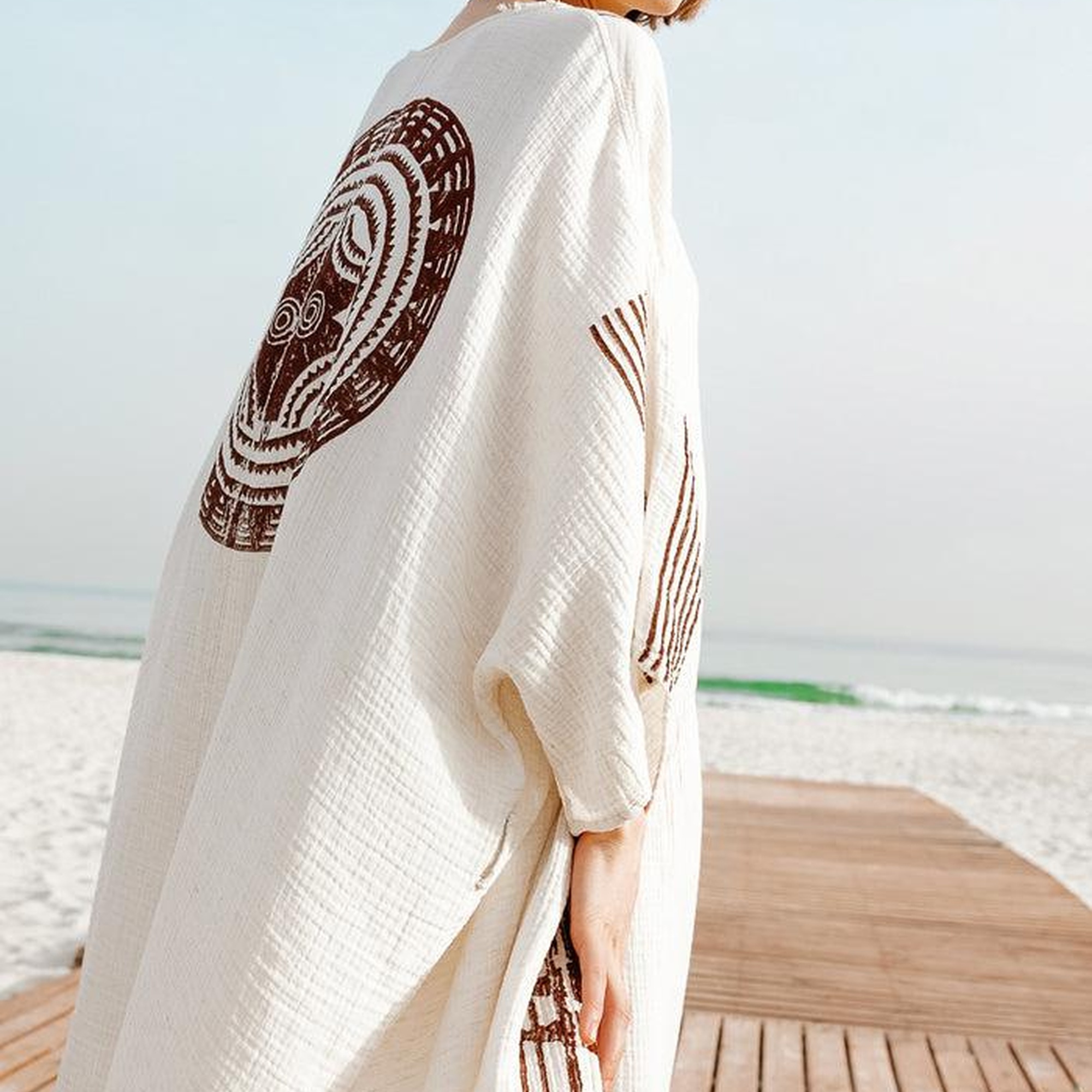 İKİKIZ Crinkle Linen Kahverengi Baskılı Kimono Kadın Naturel