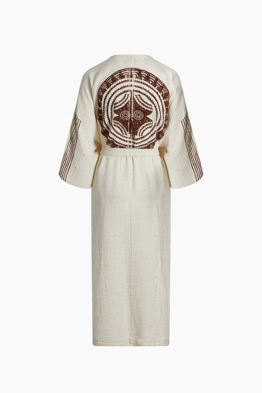  İKİKIZ Crinkle Linen Kahverengi Baskılı Kimono Kadın Naturel