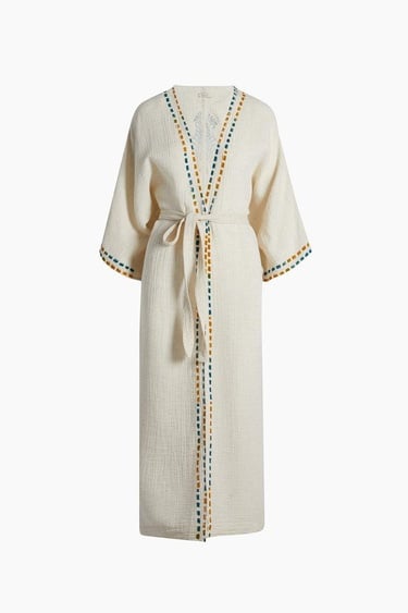  İKİKIZ Crinkle Linen Renkli Baskılı Kimono Kadın Naturel