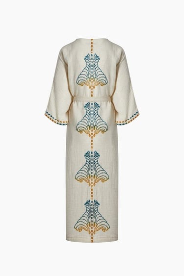  İKİKIZ Crinkle Linen Renkli Baskılı Kimono Kadın Naturel