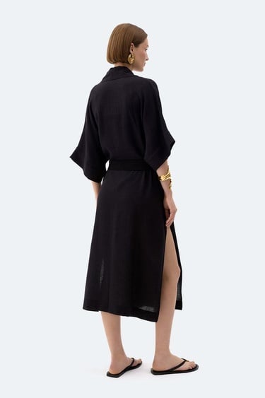  İKİKIZ Siyah Keten Kimono Kadın Renkli