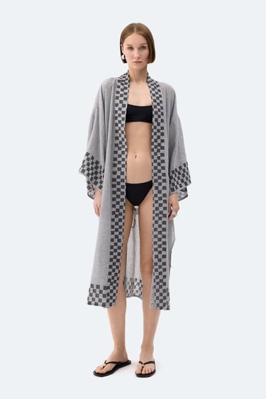  İKİKIZ Dama Desenli Kimono Kadın Renkli