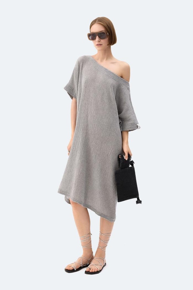  İKİKIZ Gri Crinkle Balon Elbise Kadın Renkli