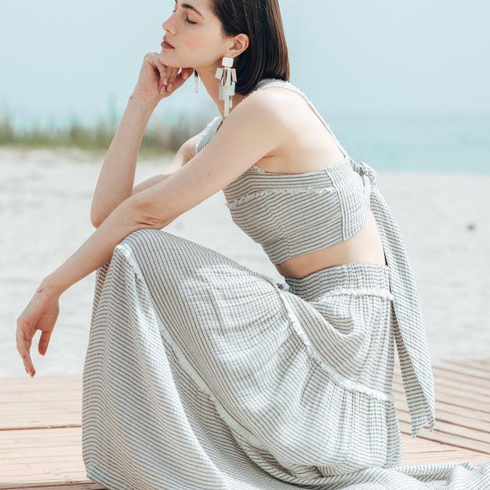 İKİKIZ Siyah Çizgili Etek Takım Kadın Siyah