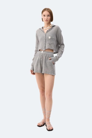  İKİKIZ Gri Crinkle Crop Gömlek Kadın Gri