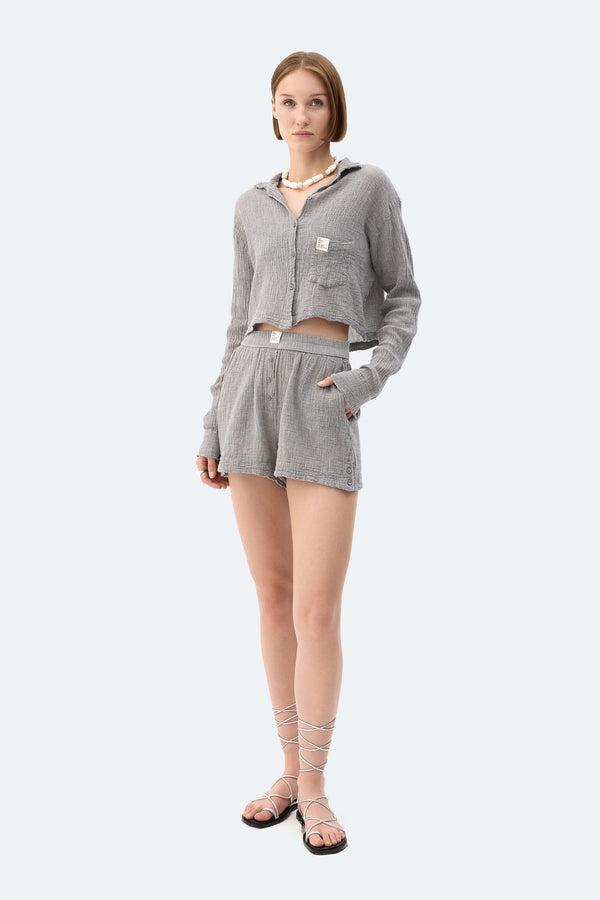  İKİKIZ Gri Crinkle Crop Gömlek Kadın Gri
