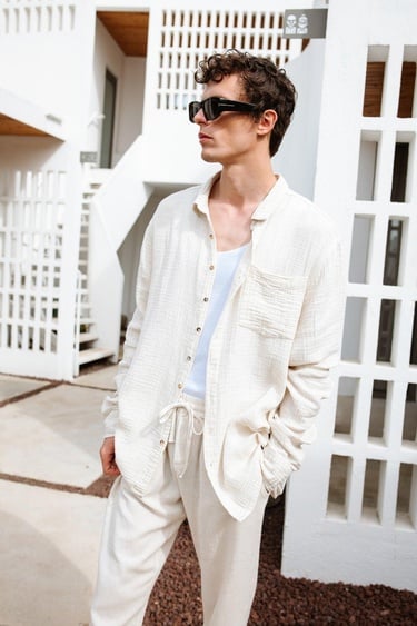  İKİKIZ Crinkle Erkek Gömlek Erkek Naturel