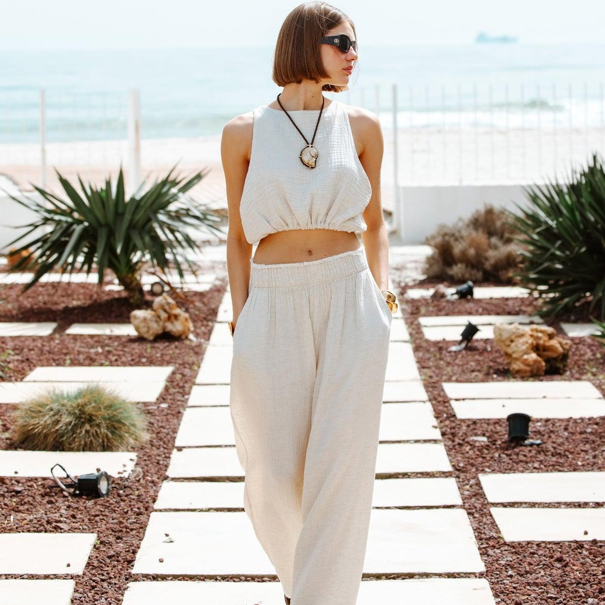 İKİKIZ Crinkle Palazzo Pantolon Kadın Naturel