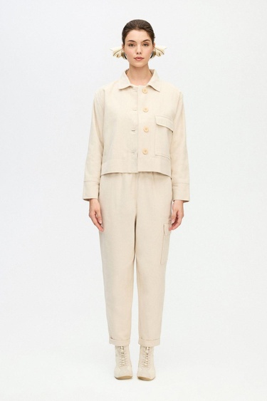  İKİKIZ Balıksırtı Kargo Pantolon Kadın Bej