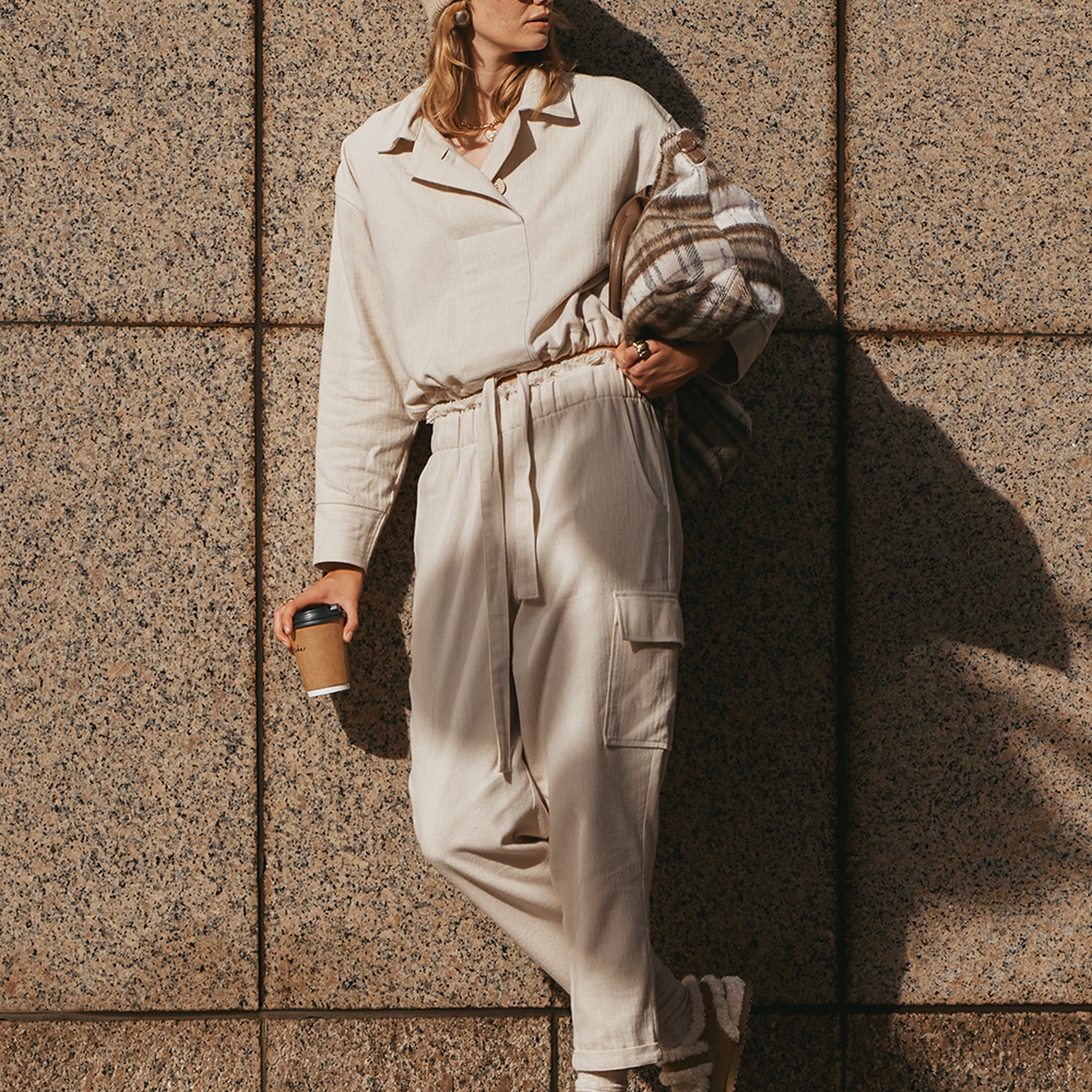 İKİKIZ Balıksırtı Kargo Pantolon Kadın Bej