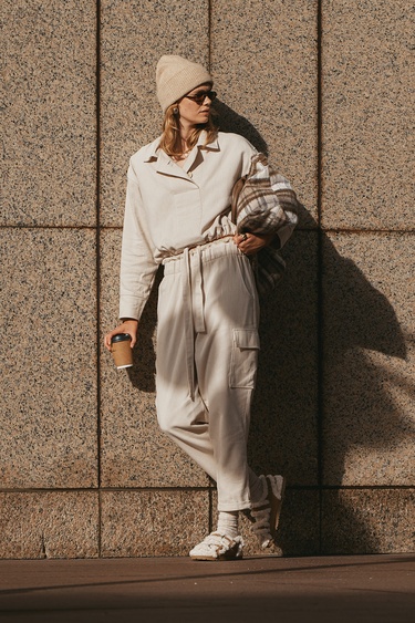  İKİKIZ Balıksırtı Kargo Pantolon Kadın Bej