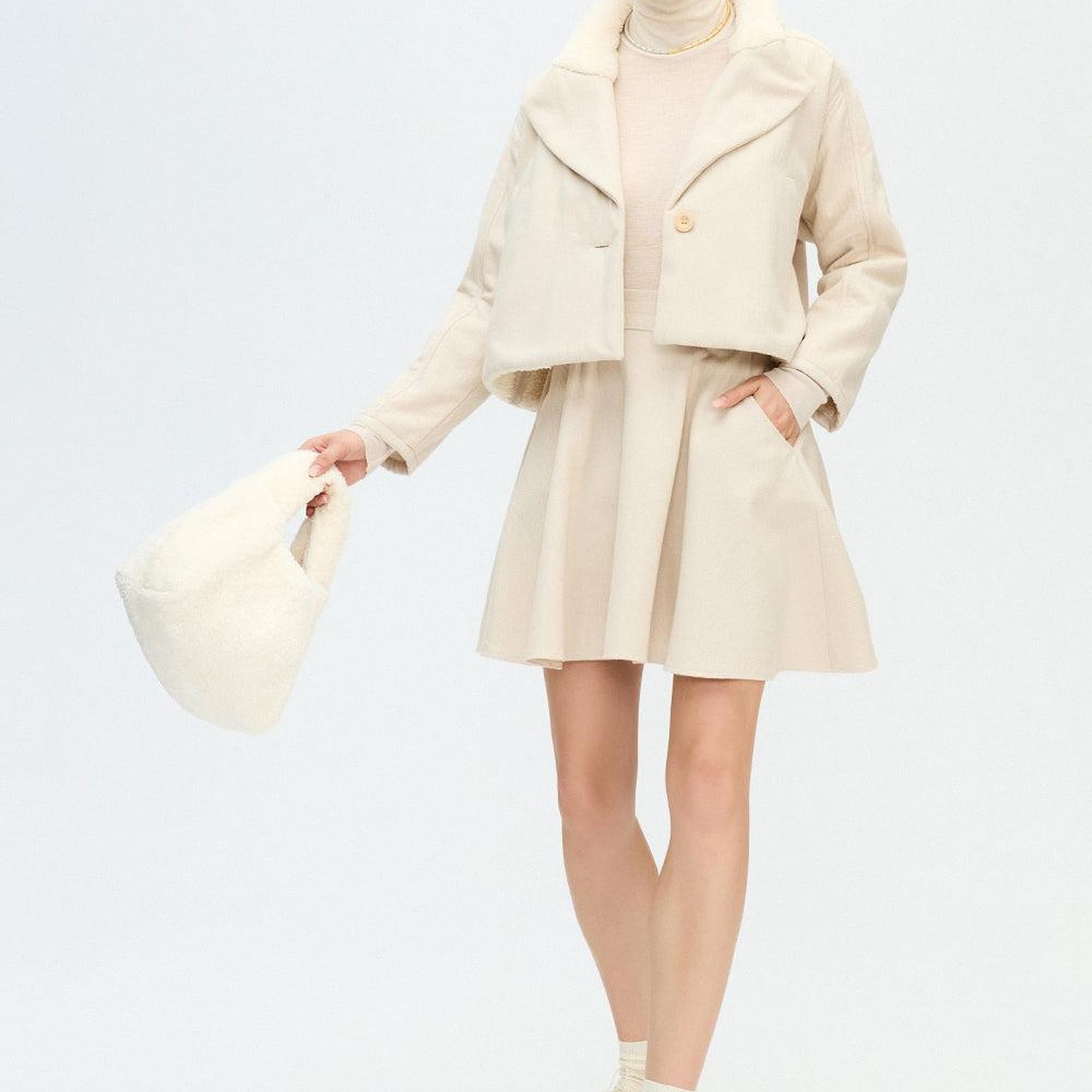 İKİKIZ Balıksırtı Yakası Kürklü Ceket Kadın Bej