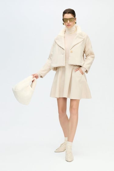  İKİKIZ Balıksırtı Yakası Kürklü Ceket Kadın Bej