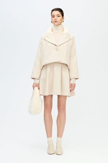  İKİKIZ Balıksırtı Yakası Kürklü Ceket Kadın Bej