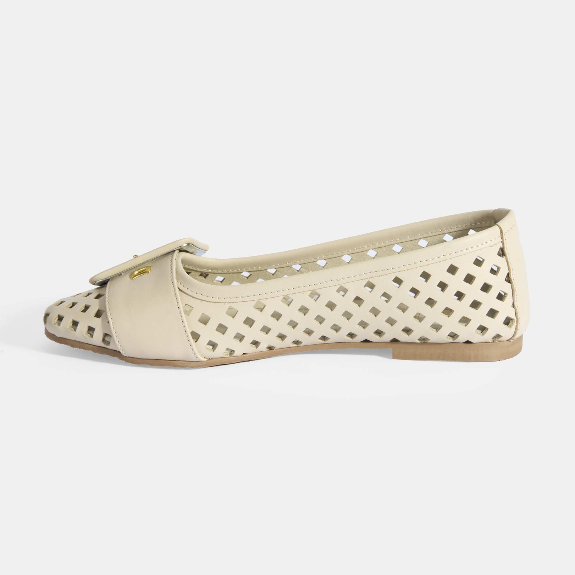 Kadın Bej Toka Aksesuarlı Perforeli Deri Babet