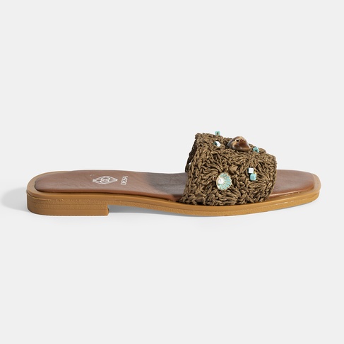  Kadın Kahve Boncuk İşlemeli Hasır Terlik