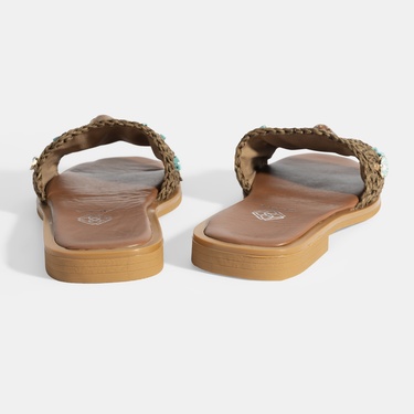  Kadın Kahve Boncuk İşlemeli Hasır Terlik