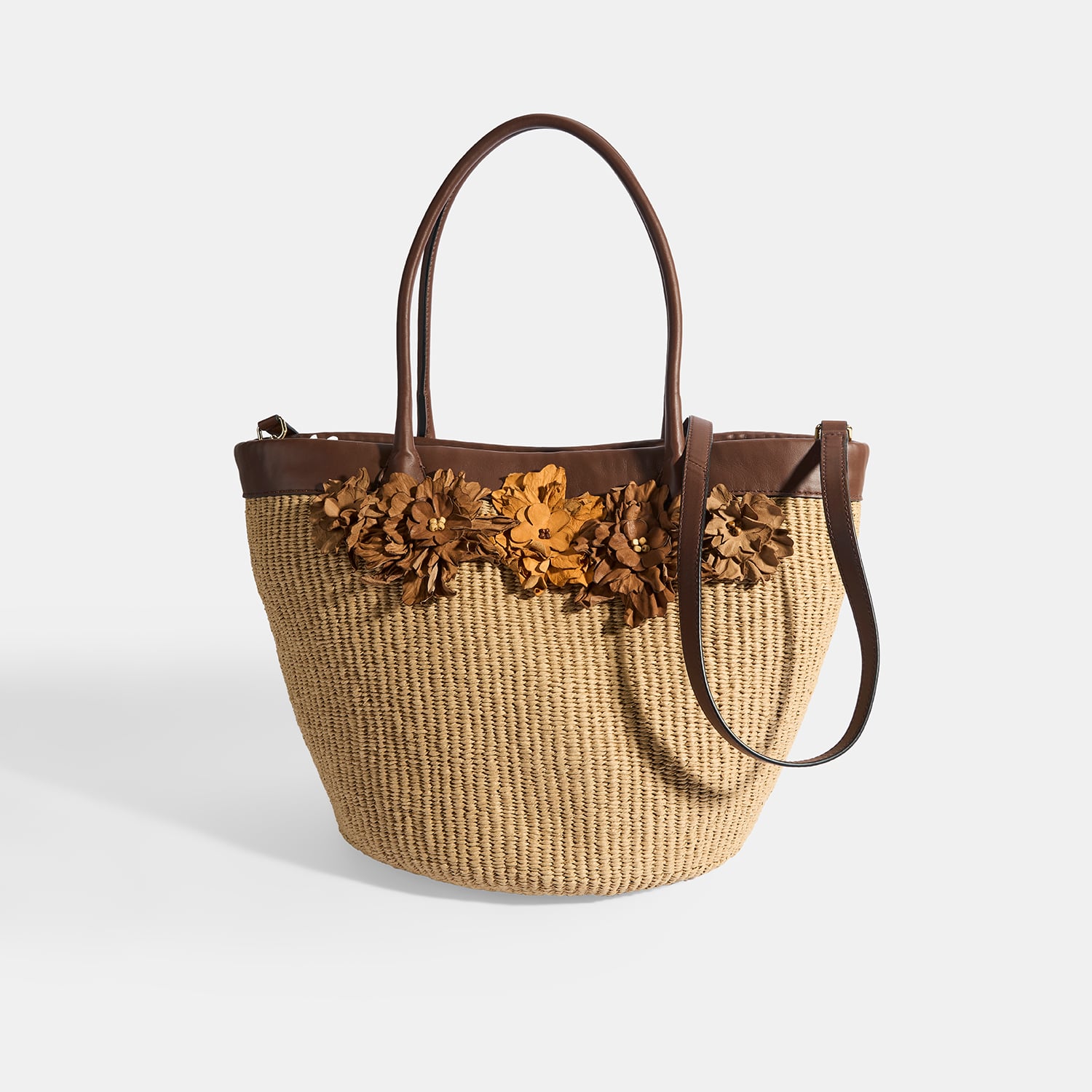  Kadın Kahve Turuncu Çiçek Detaylı Hasır Omuz Çantası