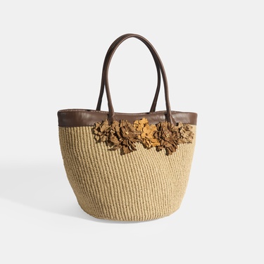  Kadın Kahve Turuncu Çiçek Detaylı Hasır Omuz Çantası