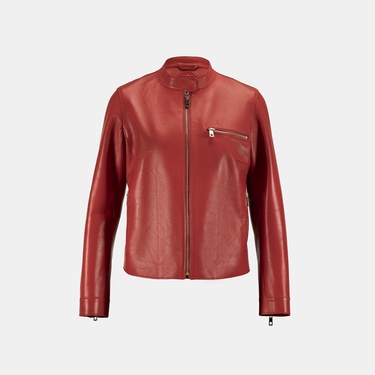  Kadın Kırmızı Hakim Yakalı Deri Ceket