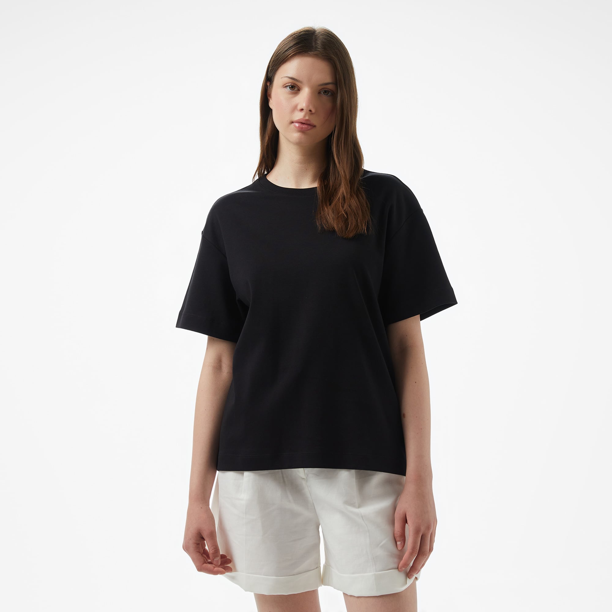  Brooks Brothers Bisiklet Yaka Oversize Kadın Siyah T-Shirt