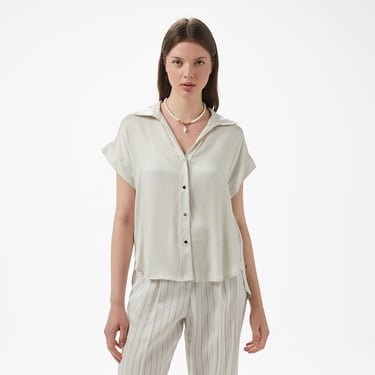  Brooks Brothers Düşük Omuz Metal Çıtcıtlı Kısa Kol Cupro Kadın Bej Gömlek