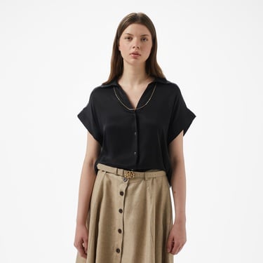  Brooks Brothers Düşük Omuz Metal Çıtcıtlı Kısa Kol Cupro Kadın Siyah Gömlek