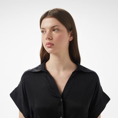  Brooks Brothers Düşük Omuz Metal Çıtcıtlı Kısa Kol Cupro Kadın Siyah Gömlek