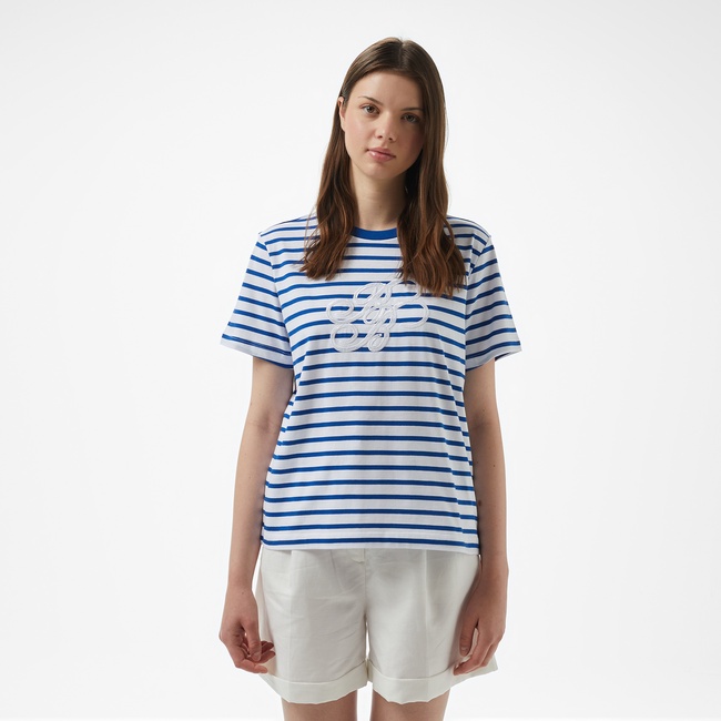  Brooks Brothers Bisiklet Yaka Bb Pul Nakışlı Çizgili Kadın Beyaz T-Shirt